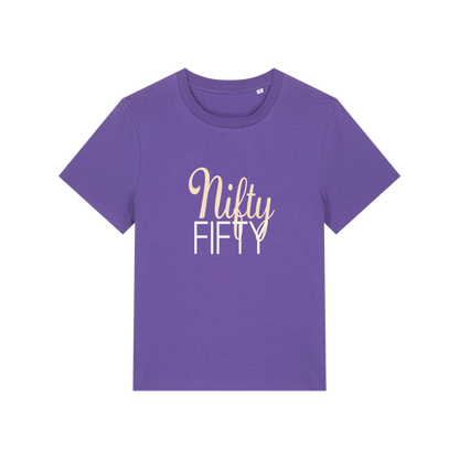 purple slogan t-shirt that reads 'nifty fifty'