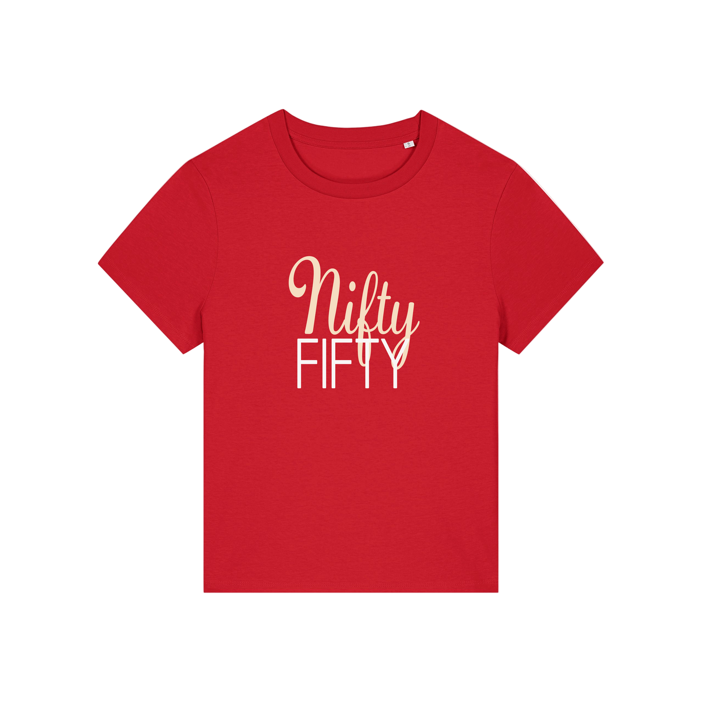 red slogan t-shirt that reads 'nifty fifty'