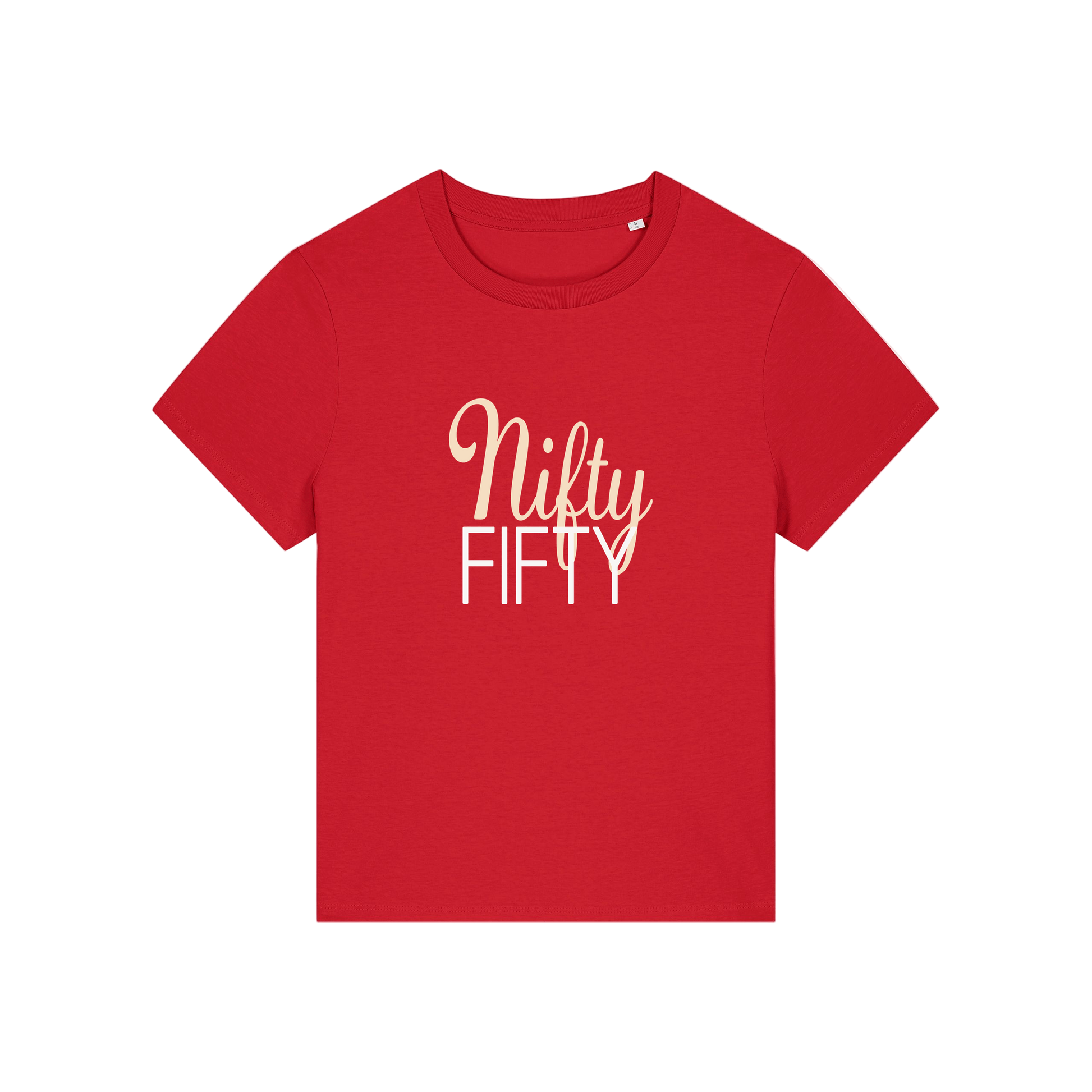red slogan t-shirt that reads 'nifty fifty'