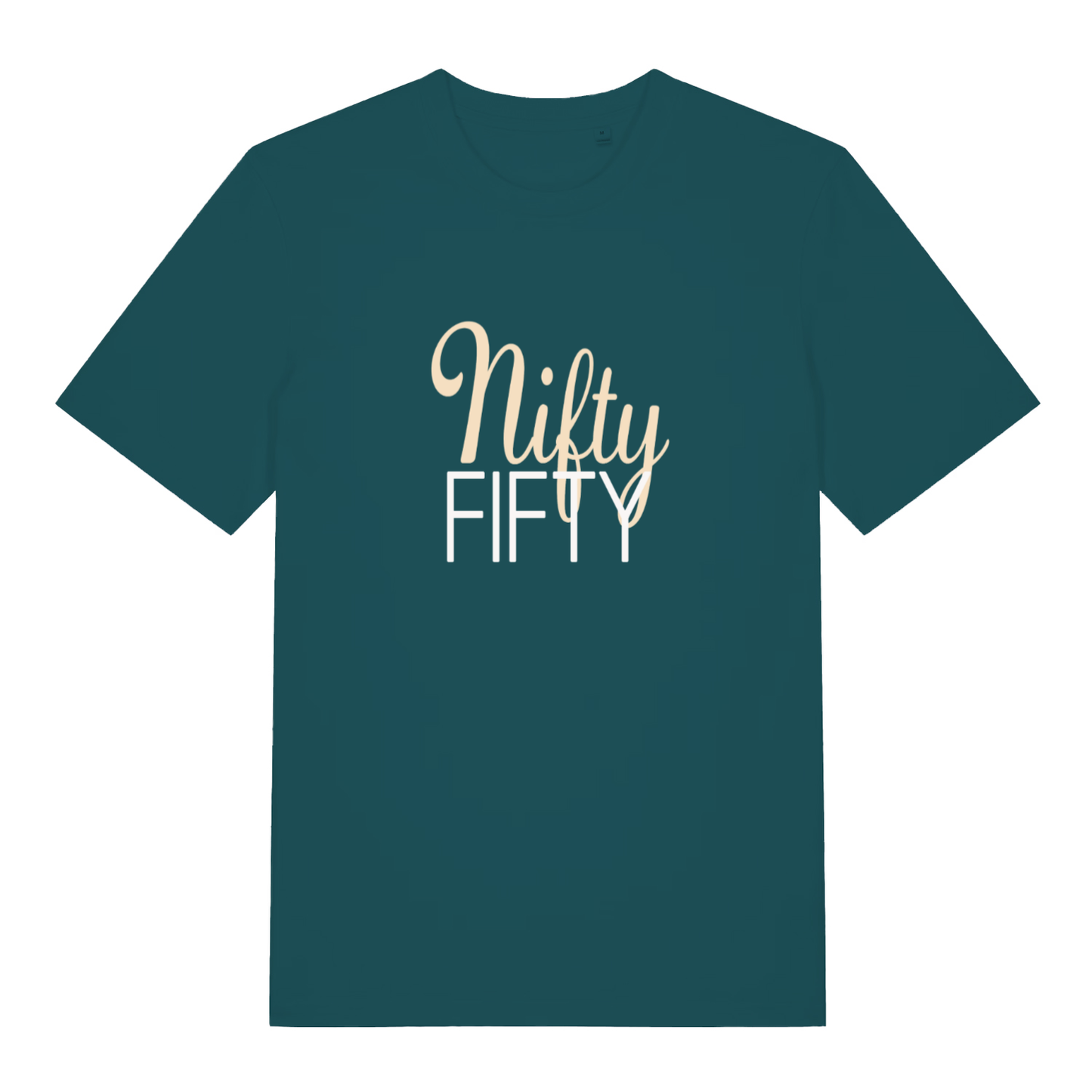 Stargazer Nifty Fifty funny slogan t-shirt showing witty fifty birthday lettering  