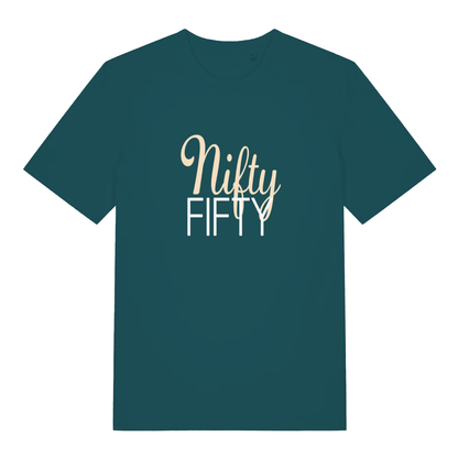 Stargazer Nifty Fifty funny slogan t-shirt showing witty fifty birthday lettering  