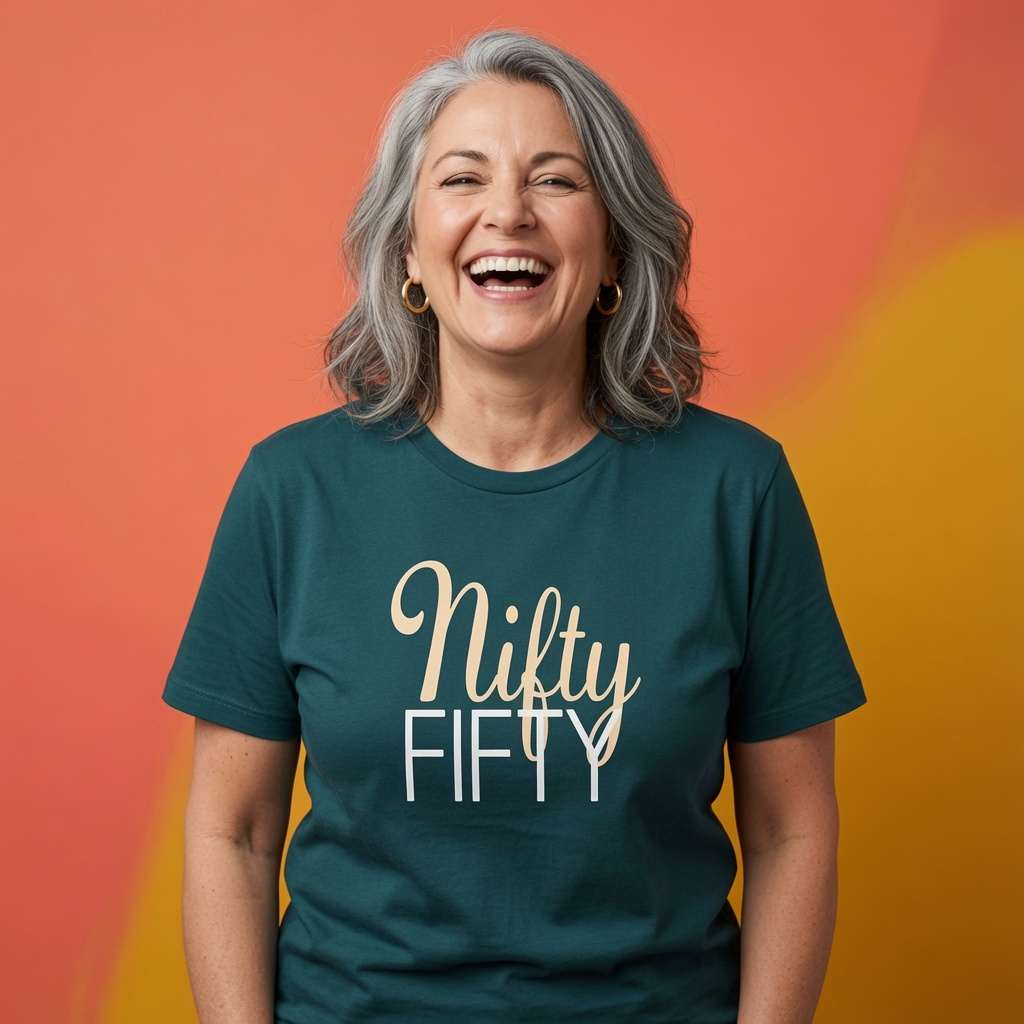 Woman laughing with silver hair while wearing a stargazer Nifty Fifty t-shirt, fun ladies 50th birthday slogan gift design full of pure attitude