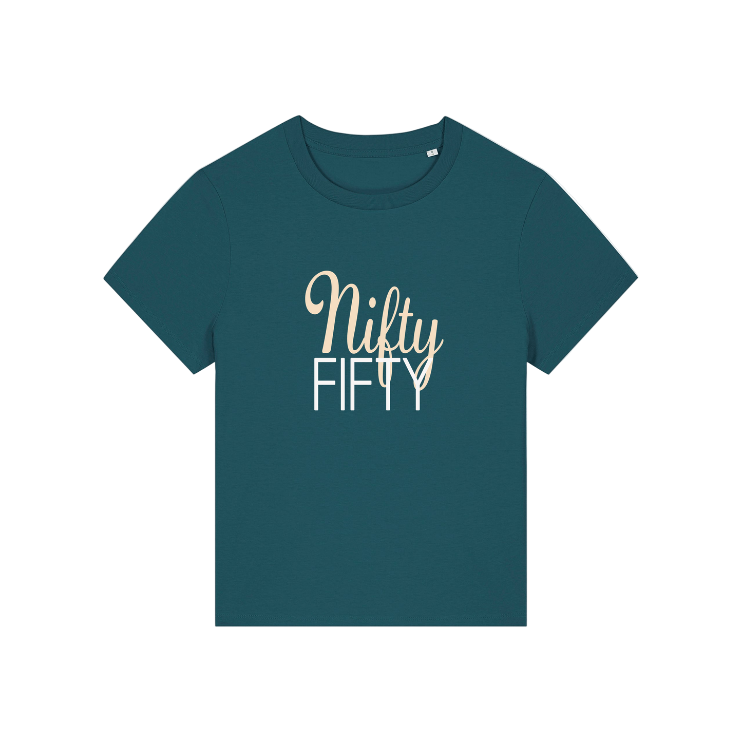 teal slogan t-shirt that reads 'nifty fifty'