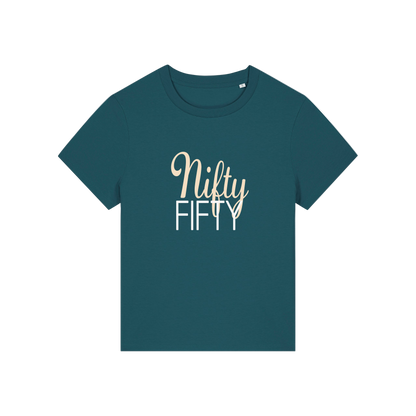 teal slogan t-shirt that reads 'nifty fifty'