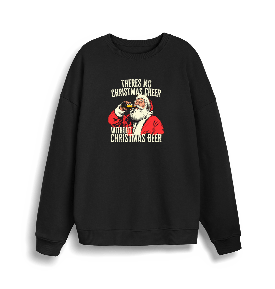 black christmas sweater with a graphic of santa drinking a beer and the slogan 'theres no christmas cheer without christmas beer'