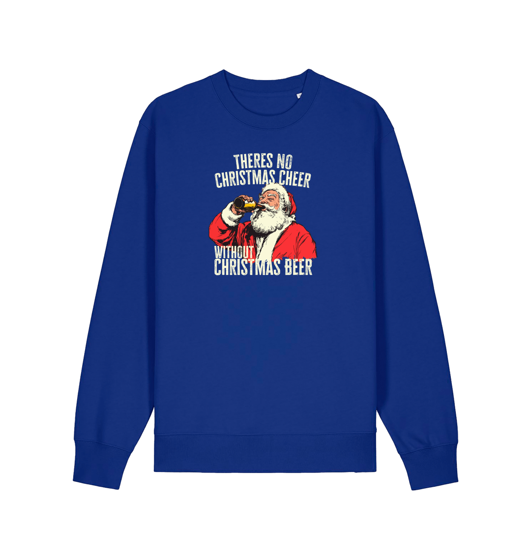 blue christmas sweater with a graphic of santa drinking a beer and the slogan 'theres no christmas cheer without christmas beer'