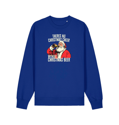 blue christmas sweater with a graphic of santa drinking a beer and the slogan 'theres no christmas cheer without christmas beer'