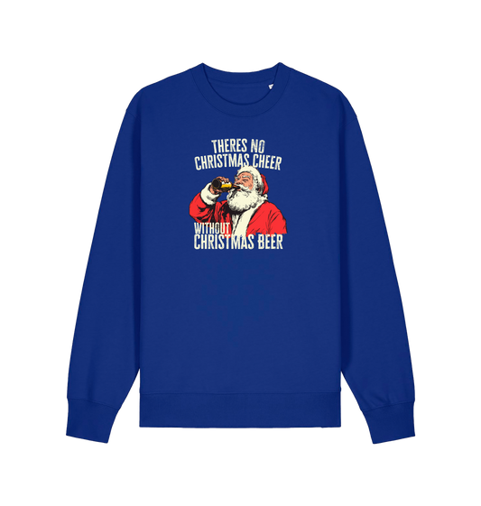 blue christmas sweater with a graphic of santa drinking a beer and the slogan 'theres no christmas cheer without christmas beer'