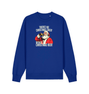 blue christmas sweater with a graphic of santa drinking a beer and the slogan 'theres no christmas cheer without christmas beer'
