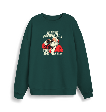 green christmas sweater with a graphic of santa drinking a beer and the slogan 'theres no christmas cheer without christmas beer'