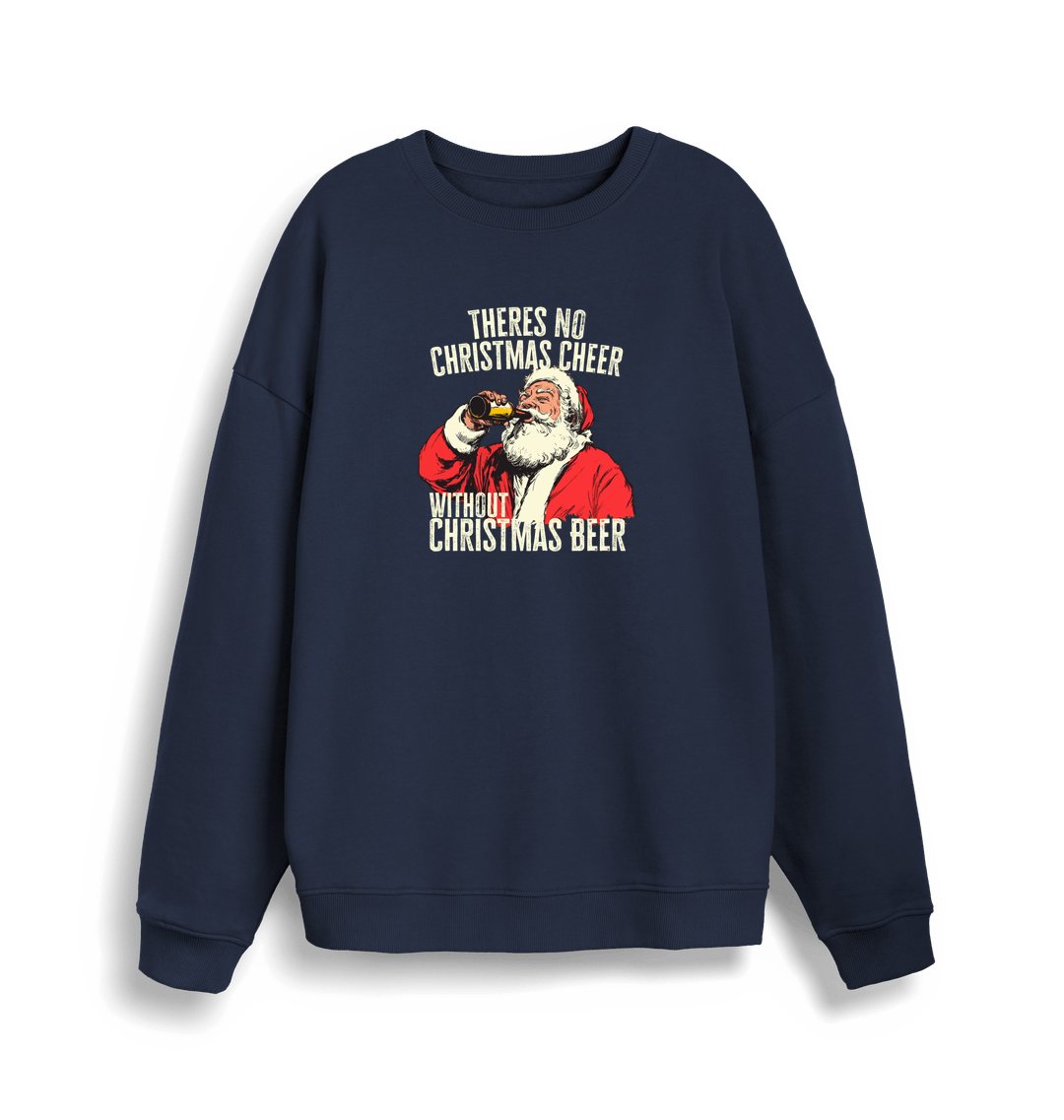 navy christmas sweater with a graphic of santa drinking a beer and the slogan 'theres no christmas cheer without christmas beer'