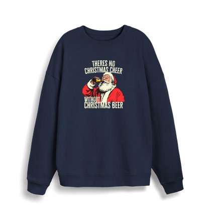 navy christmas sweater with a graphic of santa drinking a beer and the slogan 'theres no christmas cheer without christmas beer'