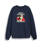 navy christmas sweater with a graphic of santa drinking a beer and the slogan 'theres no christmas cheer without christmas beer'