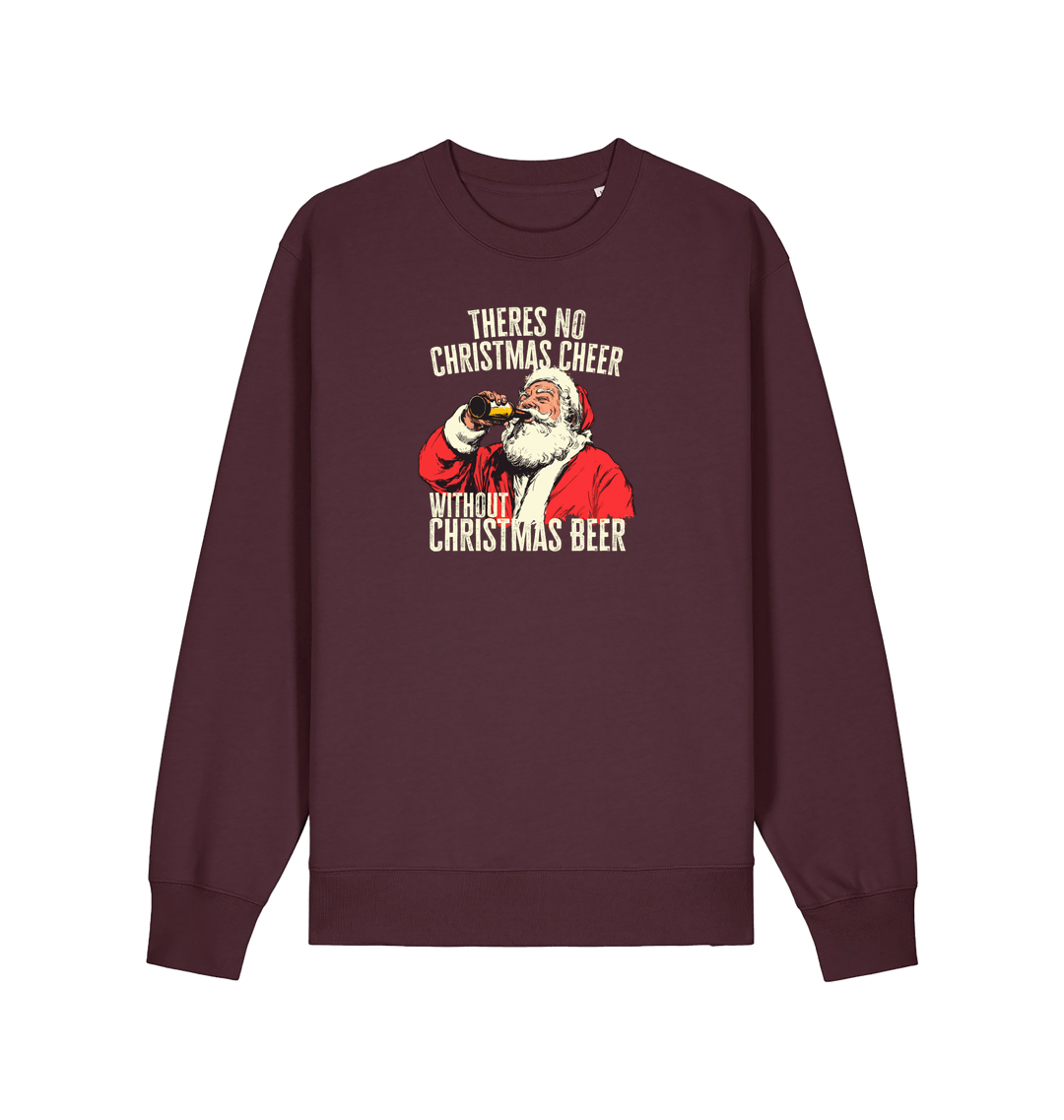 red brown christmas sweater with a graphic of santa drinking a beer and the slogan 'theres no christmas cheer without christmas beer'