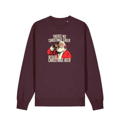 red brown christmas sweater with a graphic of santa drinking a beer and the slogan 'theres no christmas cheer without christmas beer'