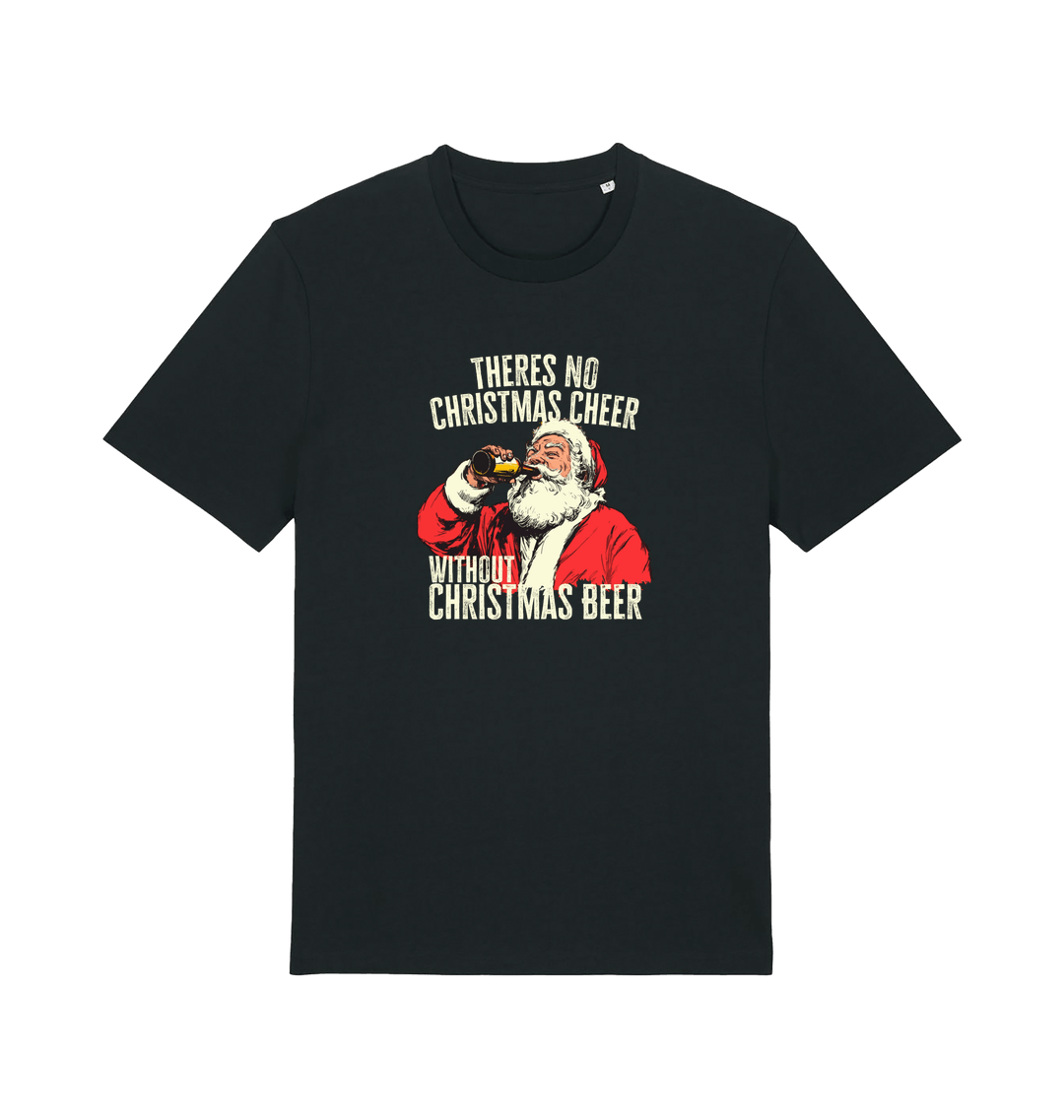 black christmas t-shirt with the graphic of santa drinking a vbeer and the slogan 'theres no christmas cheer without christmas beer'