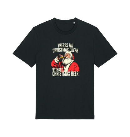 black christmas t-shirt with the graphic of santa drinking a vbeer and the slogan 'theres no christmas cheer without christmas beer'