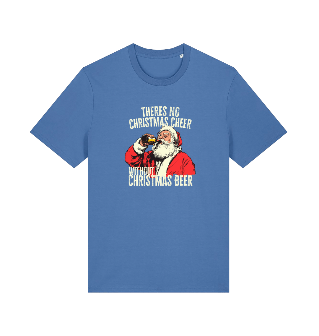 blue christmas t-shirt with the graphic of santa drinking a vbeer and the slogan 'theres no christmas cheer without christmas beer'