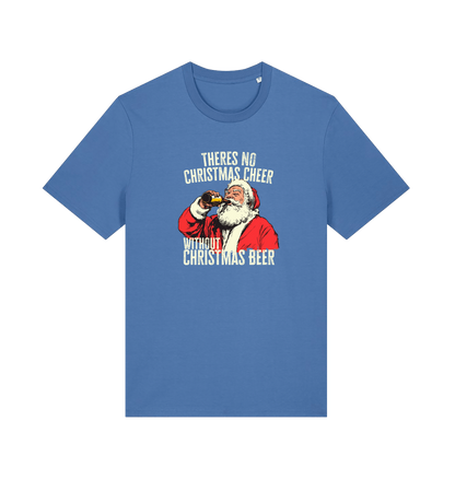 blue christmas t-shirt with the graphic of santa drinking a vbeer and the slogan 'theres no christmas cheer without christmas beer'