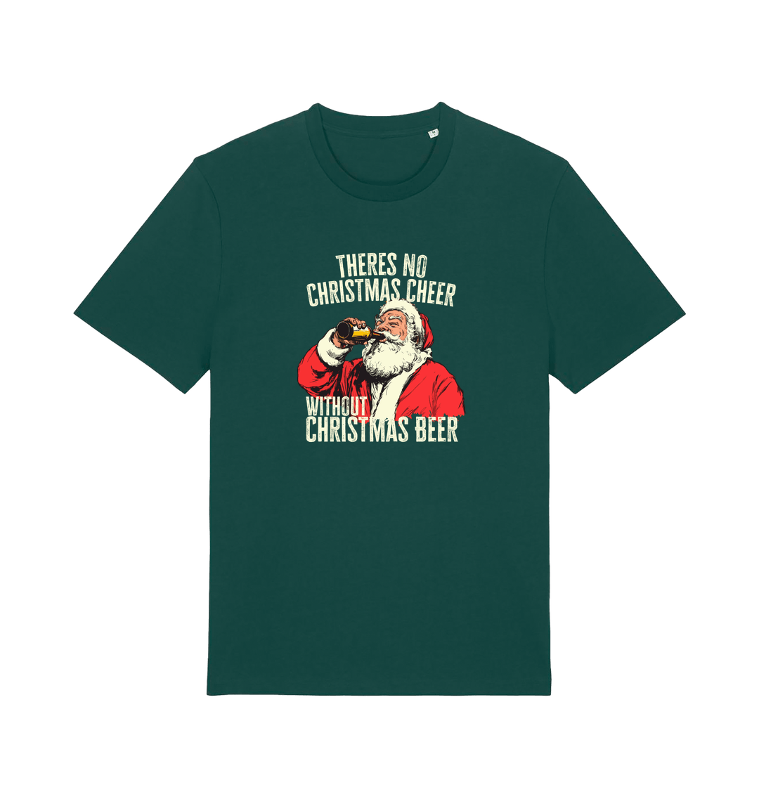 green christmas t-shirt with the graphic of santa drinking a vbeer and the slogan 'theres no christmas cheer without christmas beer'