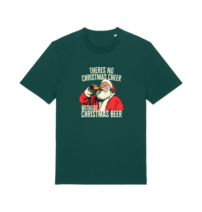 green christmas t-shirt with the graphic of santa drinking a vbeer and the slogan 'theres no christmas cheer without christmas beer'
