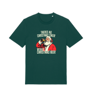 green christmas t-shirt with the graphic of santa drinking a vbeer and the slogan 'theres no christmas cheer without christmas beer'