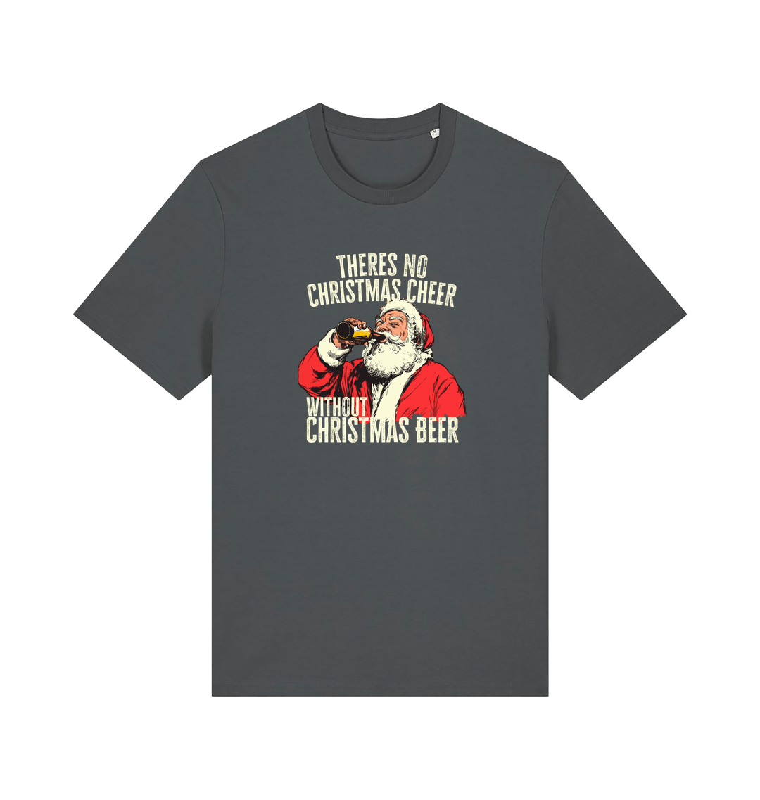 grey christmas t-shirt with the graphic of santa drinking a vbeer and the slogan 'theres no christmas cheer without christmas beer'
