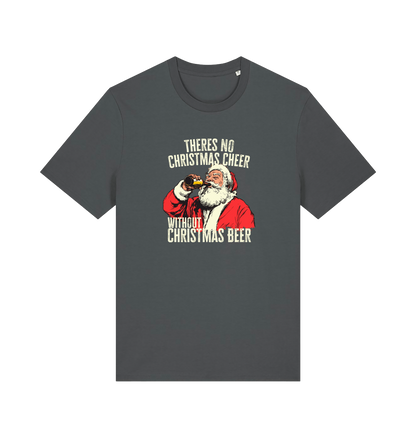 grey christmas t-shirt with the graphic of santa drinking a vbeer and the slogan 'theres no christmas cheer without christmas beer'