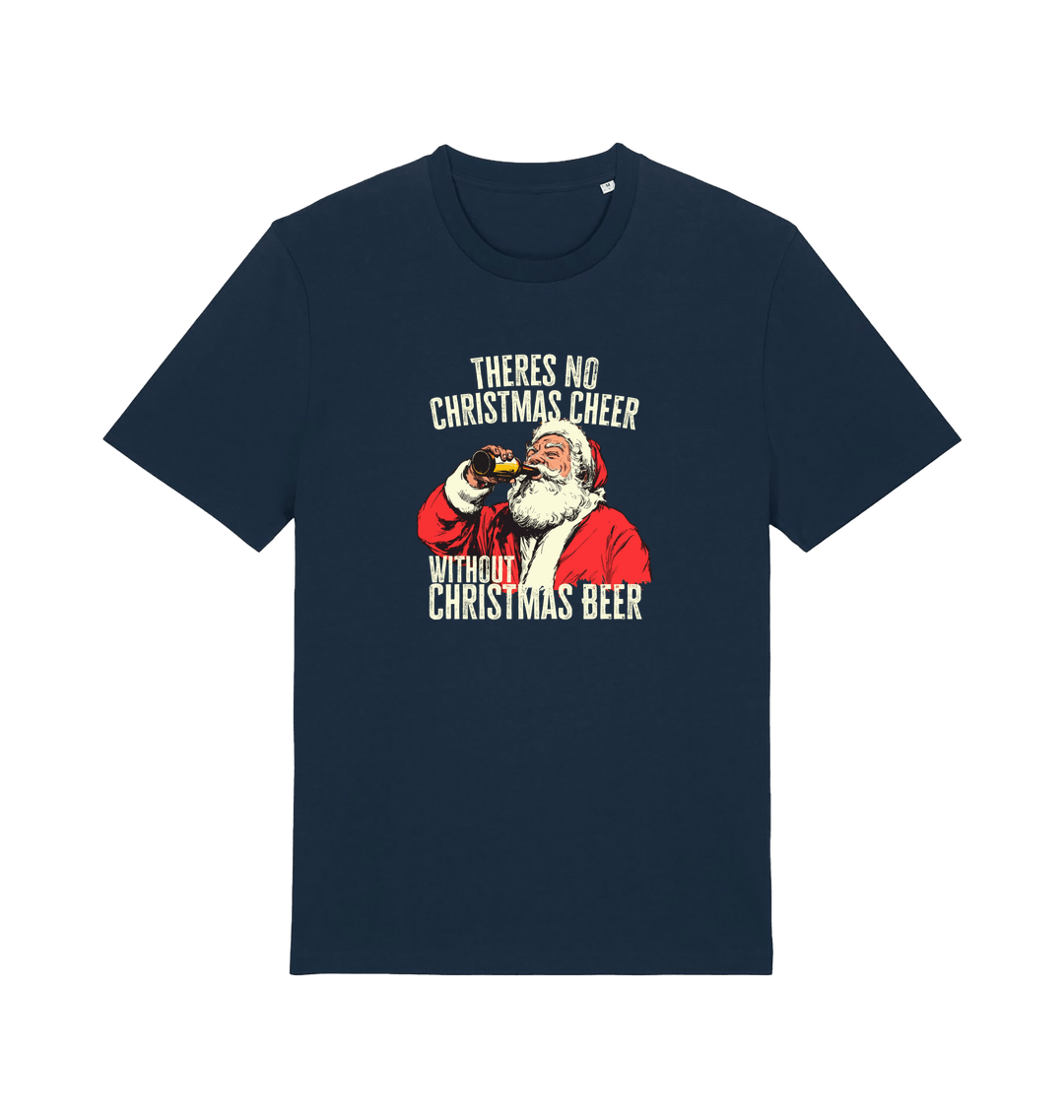 navy christmas t-shirt with the graphic of santa drinking a vbeer and the slogan 'theres no christmas cheer without christmas beer'
