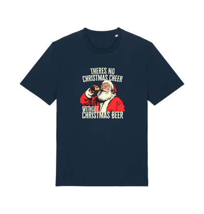 navy christmas t-shirt with the graphic of santa drinking a vbeer and the slogan 'theres no christmas cheer without christmas beer'