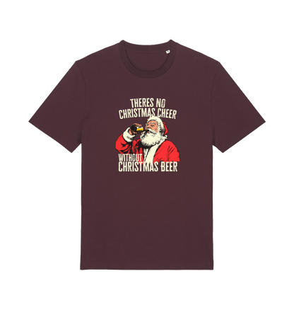 red brown christmas t-shirt with the graphic of santa drinking a vbeer and the slogan 'theres no christmas cheer without christmas beer'