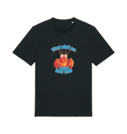 black funny graphic t-shirt with a cartoon lobster and the slogan 'this ain't no fuckin hot tub'