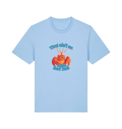 light blue funny graphic t-shirt with a cartoon lobster and the slogan 'this ain't no fuckin hot tub'