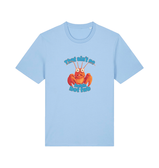 light blue funny graphic t-shirt with a cartoon lobster and the slogan 'this ain't no fuckin hot tub'