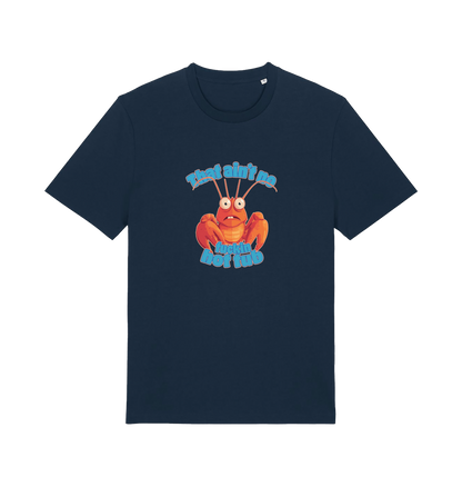 navy funny graphic t-shirt with a cartoon lobster and the slogan 'this ain't no fuckin hot tub'