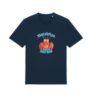 navy funny graphic t-shirt with a cartoon lobster and the slogan 'this ain't no fuckin hot tub'