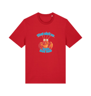 red funny graphic t-shirt with a cartoon lobster and the slogan 'this ain't no fuckin hot tub'