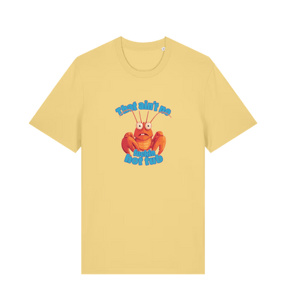 yellow funny graphic t-shirt with a cartoon lobster and the slogan 'this ain't no fuckin hot tub'