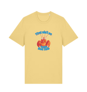 yellow funny graphic t-shirt with a cartoon lobster and the slogan 'this ain't no fuckin hot tub'