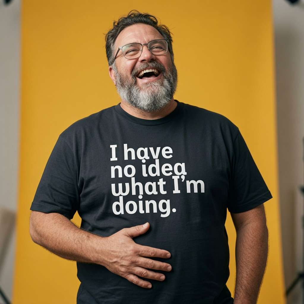 Man laughing with one hand on his stomach while wearing a black I Have No Idea What I’m Doing t-shirt, funny mens cheeky relatable slogan design that every cheeky lad will claim