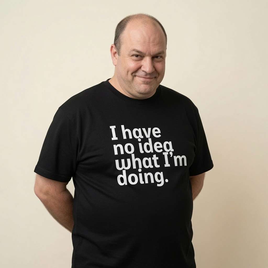 Bald man with a slight smirk standing in a black I Have No Idea What I’m Doing t-shirt, fun and honest statement perfect as an ultimate dad gift