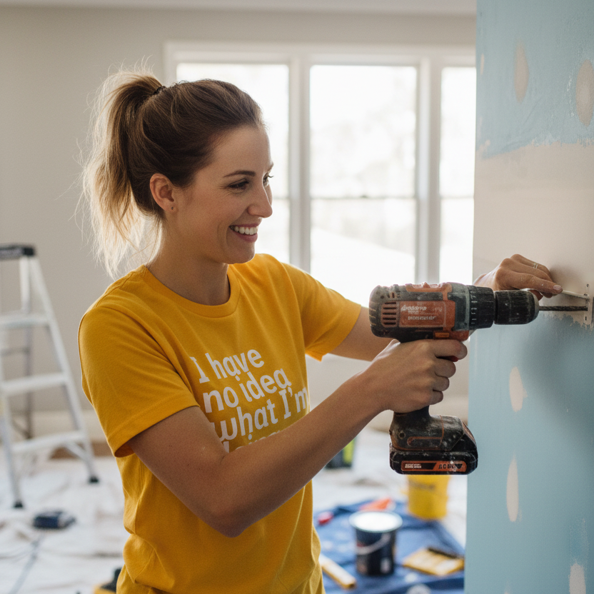 Woman in yellow shirt using a drill in a room under renovation