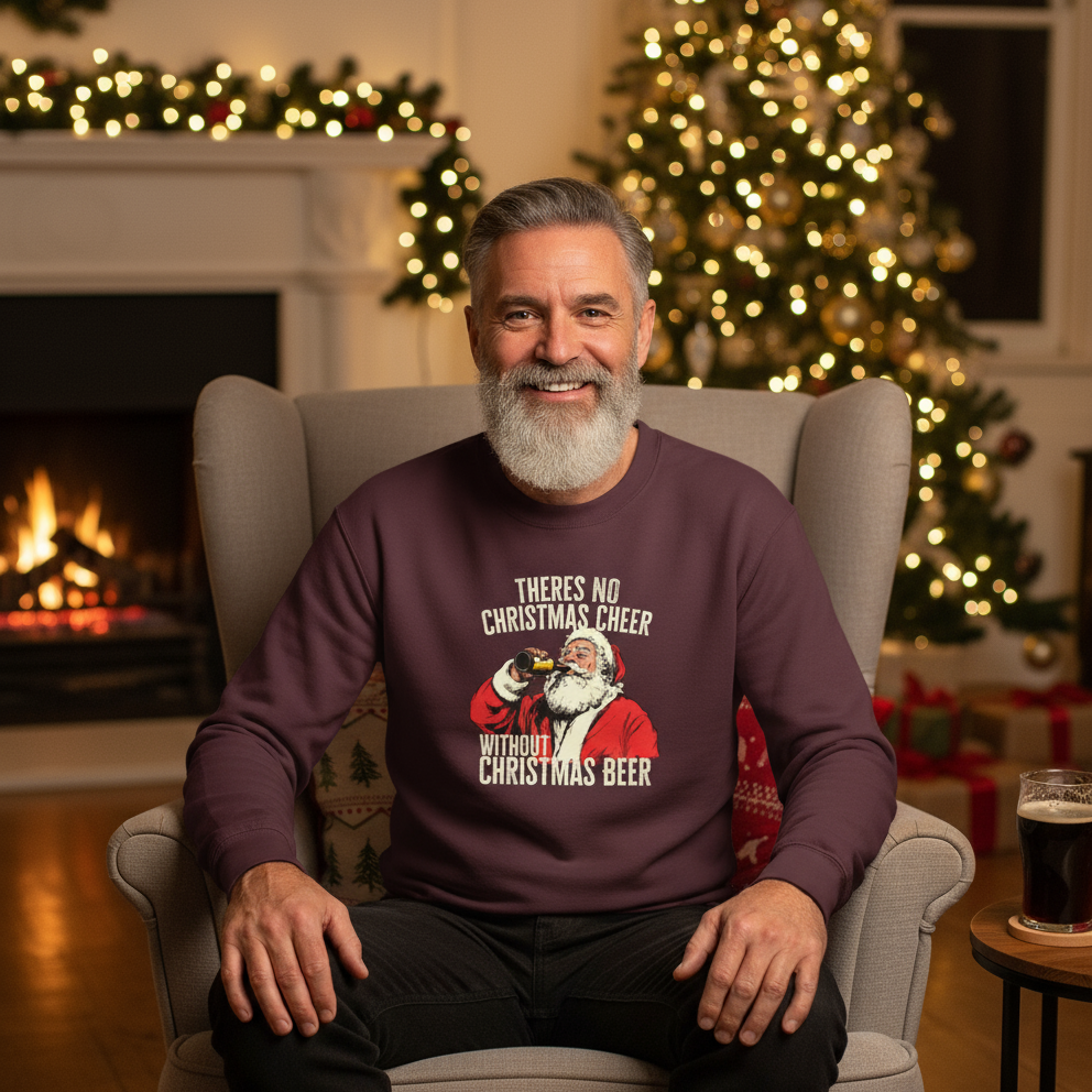 Man sitting in a chair wearing a sweater with Christmas-themed text, in front of a decorated fireplace and Christmas tree.