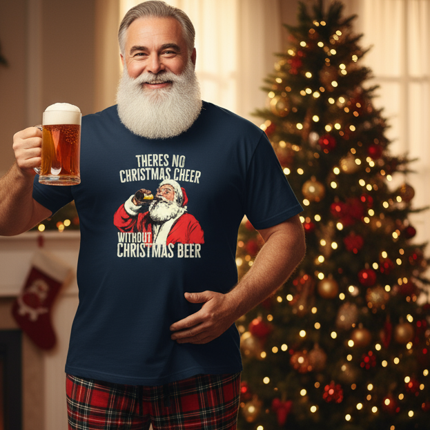 Man wearing a navy blue funny Santa t-shirt with Santa Claus graphic and text, holding a mug of beer in front of a Christmas tree.