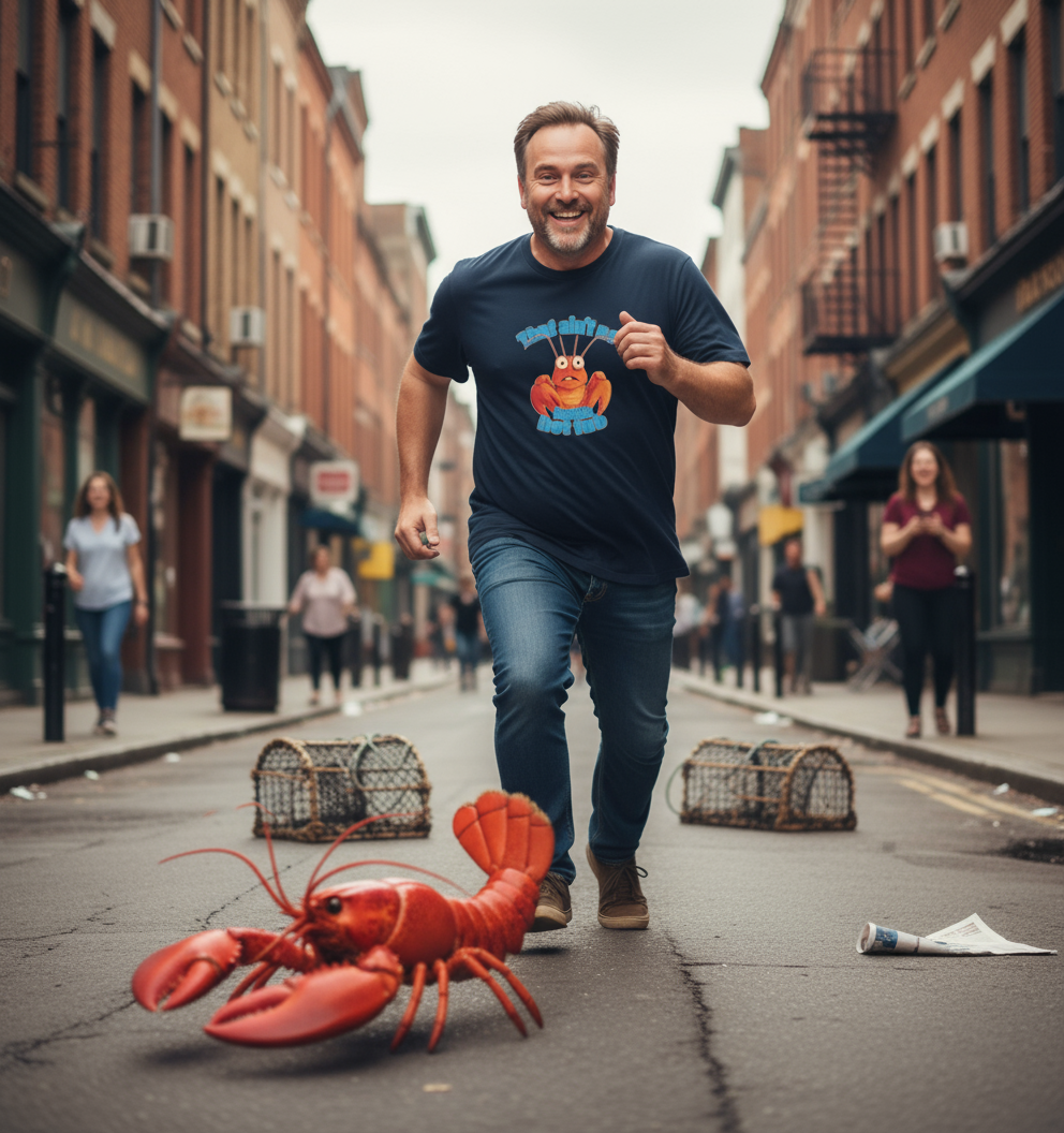 Man walking on a city street with a large toy lobster on the ground