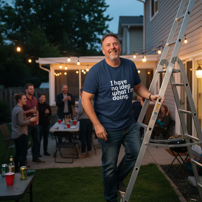 Man in a blue t-shirt with text standing next to a ladder in a backyard setting with people and lights.