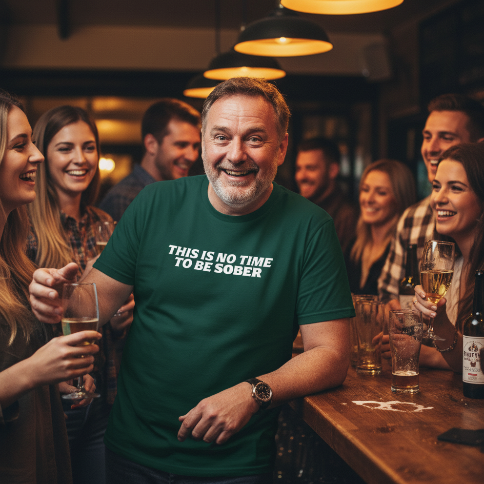 Man wearing a green t-shirt with 'THIS IS NO TIME TO BE SOBER' text in a pub setting with friends.