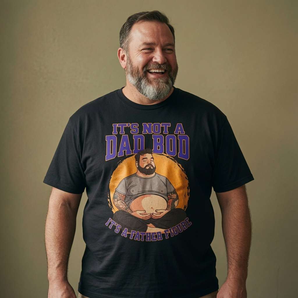 Bearded man laughing heartily in a black It’s Not a Dad Bod, It’s a Father Figure t-shirt, fun cheeky dad-bod joke graphic perfect for Fathers Day