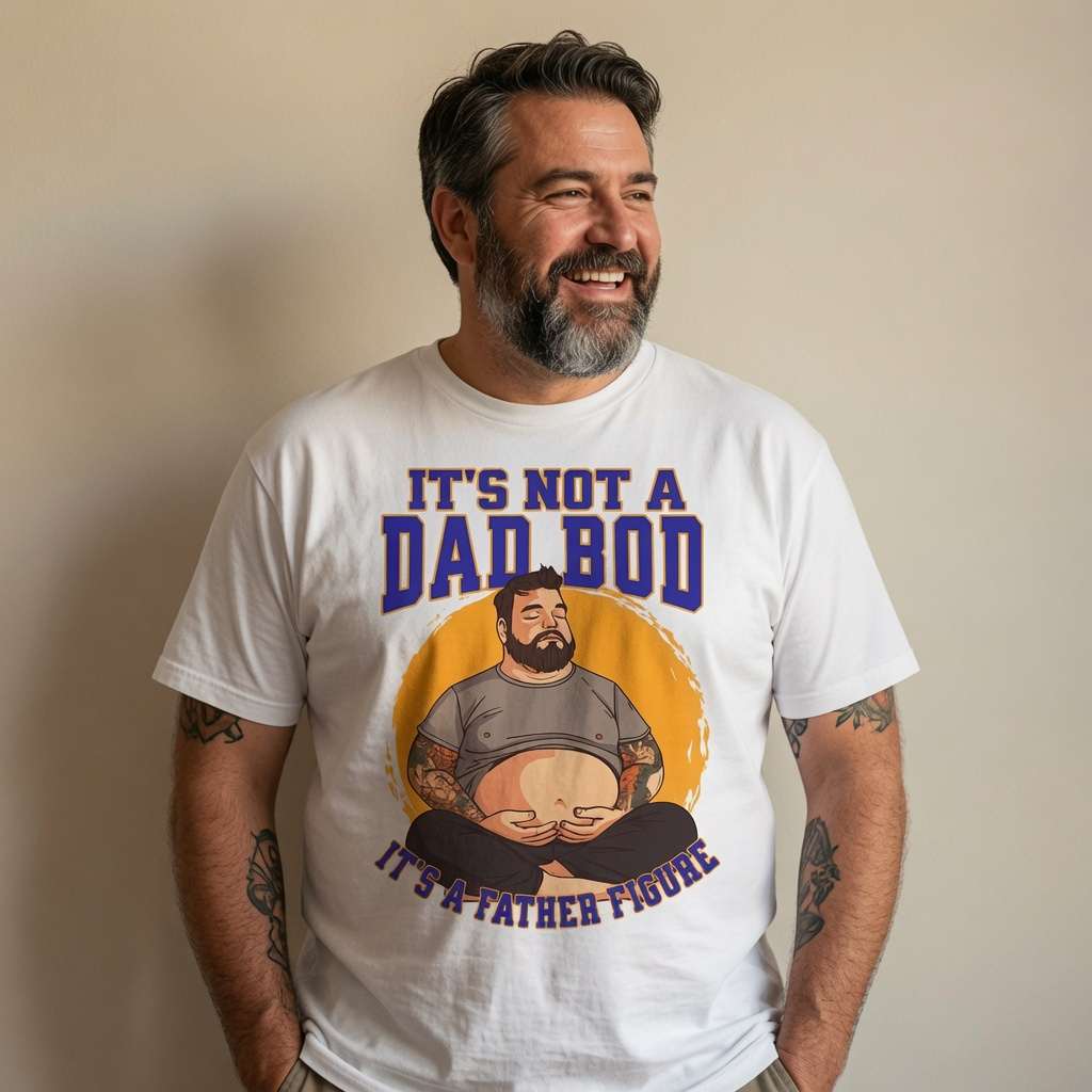 Bearded man smiling and looking to the side while wearing a white It’s Not a Dad Bod, It’s a Father Figure t-shirt with the cartoon illustration of a tattooed dad sitting cross-legged