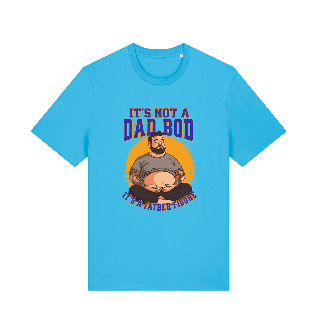 blue funny dad t-shirt with the graphic of a man with a beer belly and the slogan 'it's not a dad bod it's a father figure'